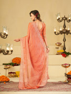 Peach Fendy Satin Saree with White Floral Embroidery Border | Elegant Designer Party Wear Saree with Blouse