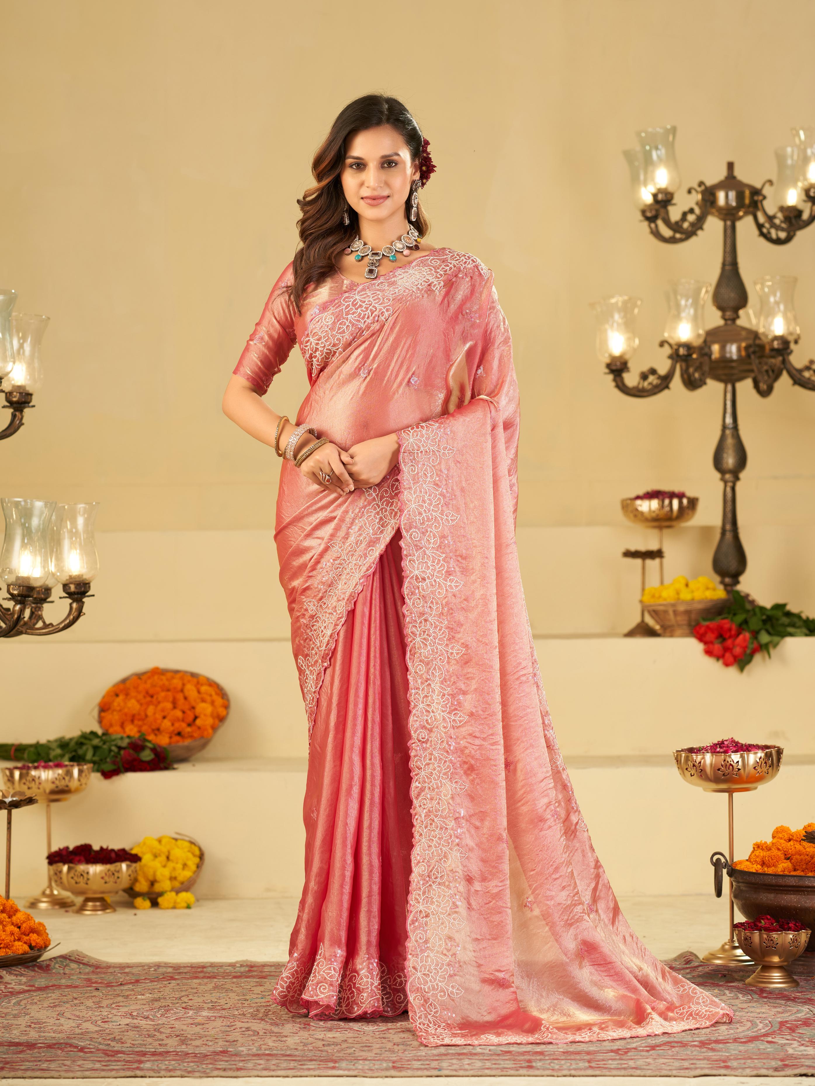 Baby Pink Fendy Satin Saree with White Floral Embroidery Border | Elegant Designer Party Wear Saree with Blouse