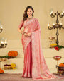 Baby Pink Fendy Satin Saree with White Floral Embroidery Border | Elegant Designer Party Wear Saree with Blouse