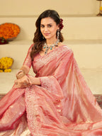 Baby Pink Fendy Satin Saree with White Floral Embroidery Border | Elegant Designer Party Wear Saree with Blouse
