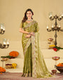 Olive Green Fendy Satin Saree with Multicolor Floral Embroidery Border | Designer Festive Party Wear Saree with Blouse