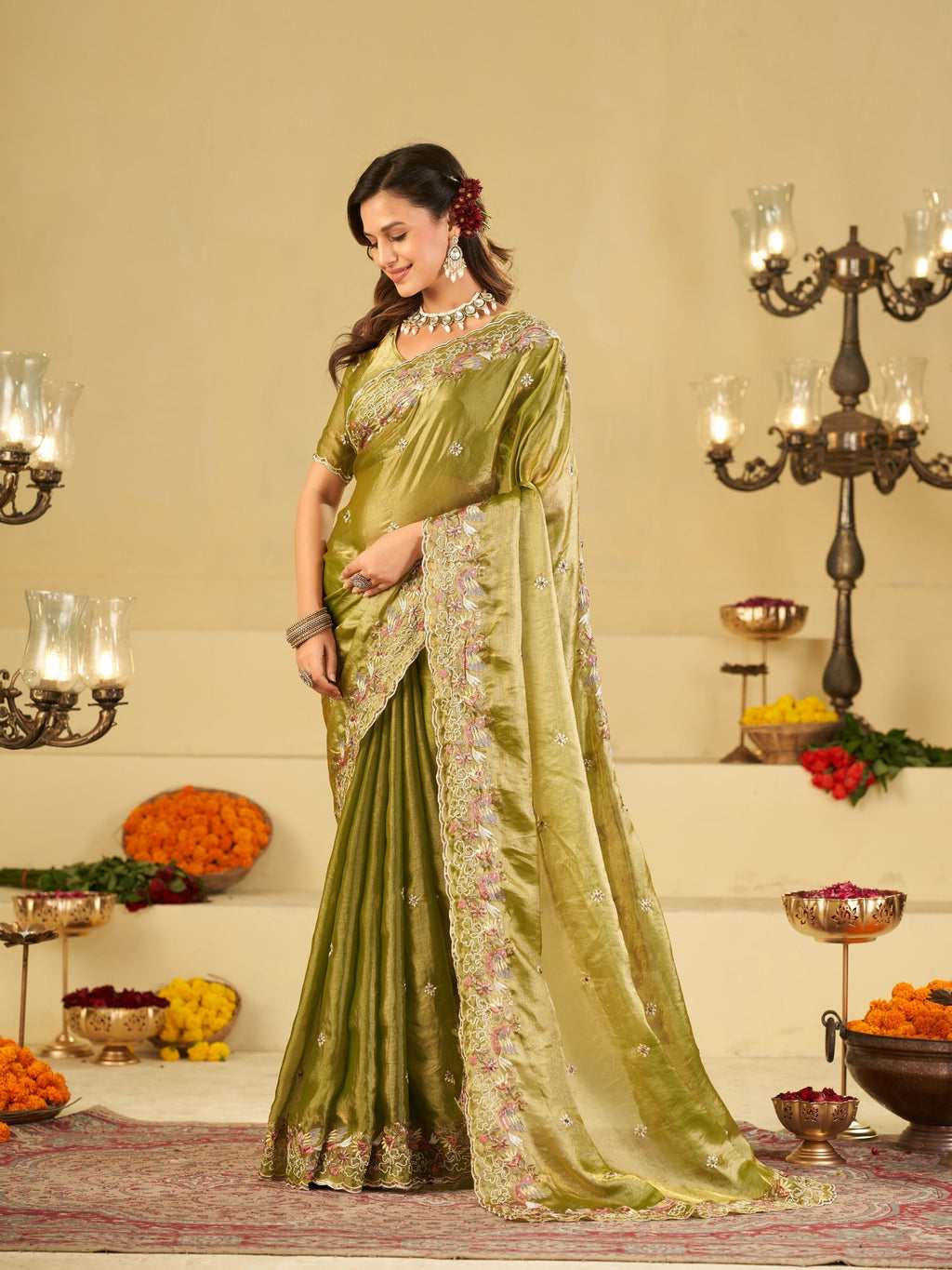 Olive Green Fendy Satin Saree with Multicolor Floral Embroidery Border | Designer Festive Party Wear Saree with Blouse