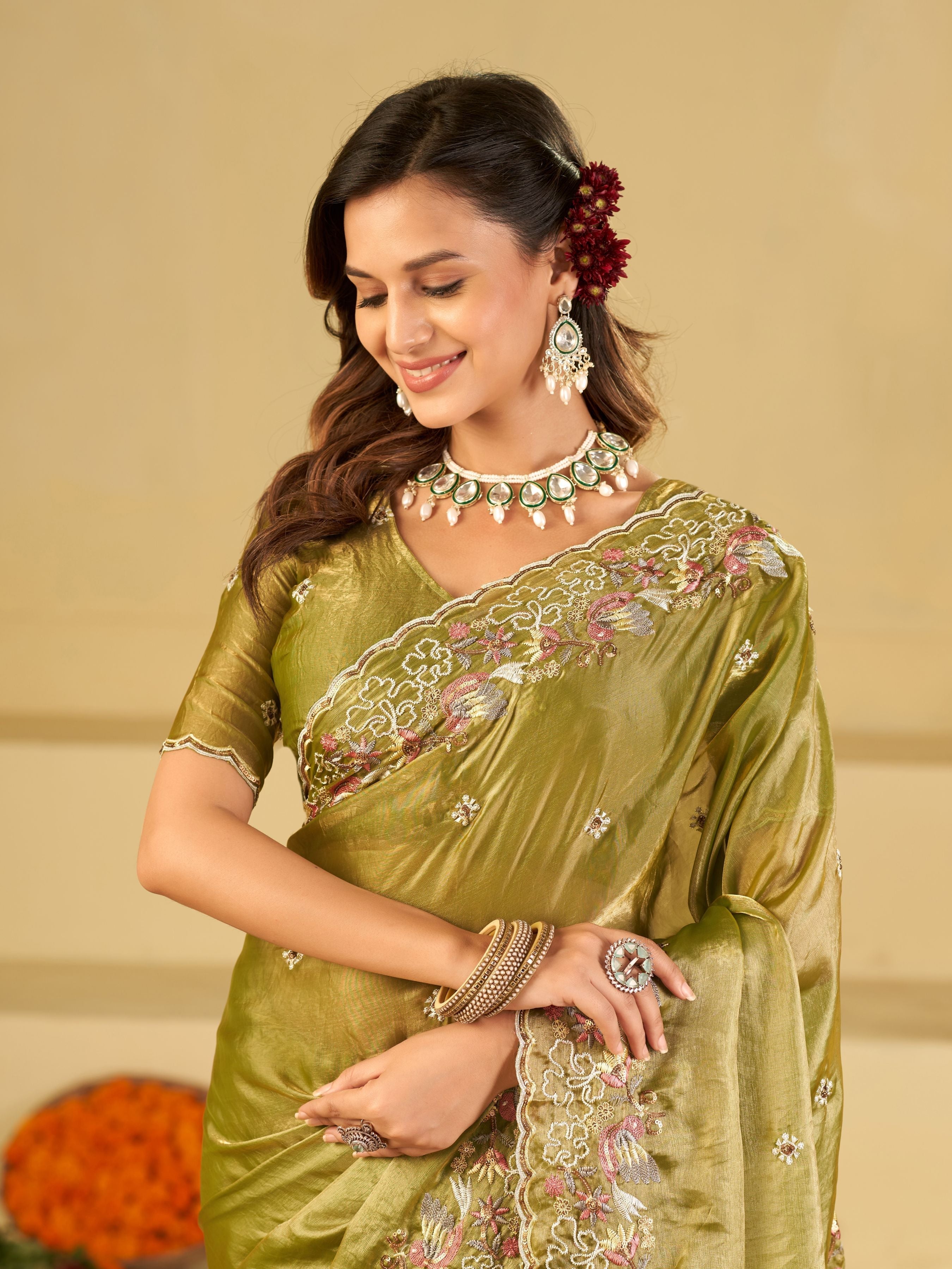 Olive Green Fendy Satin Saree with Multicolor Floral Embroidery Border | Designer Festive Party Wear Saree with Blouse