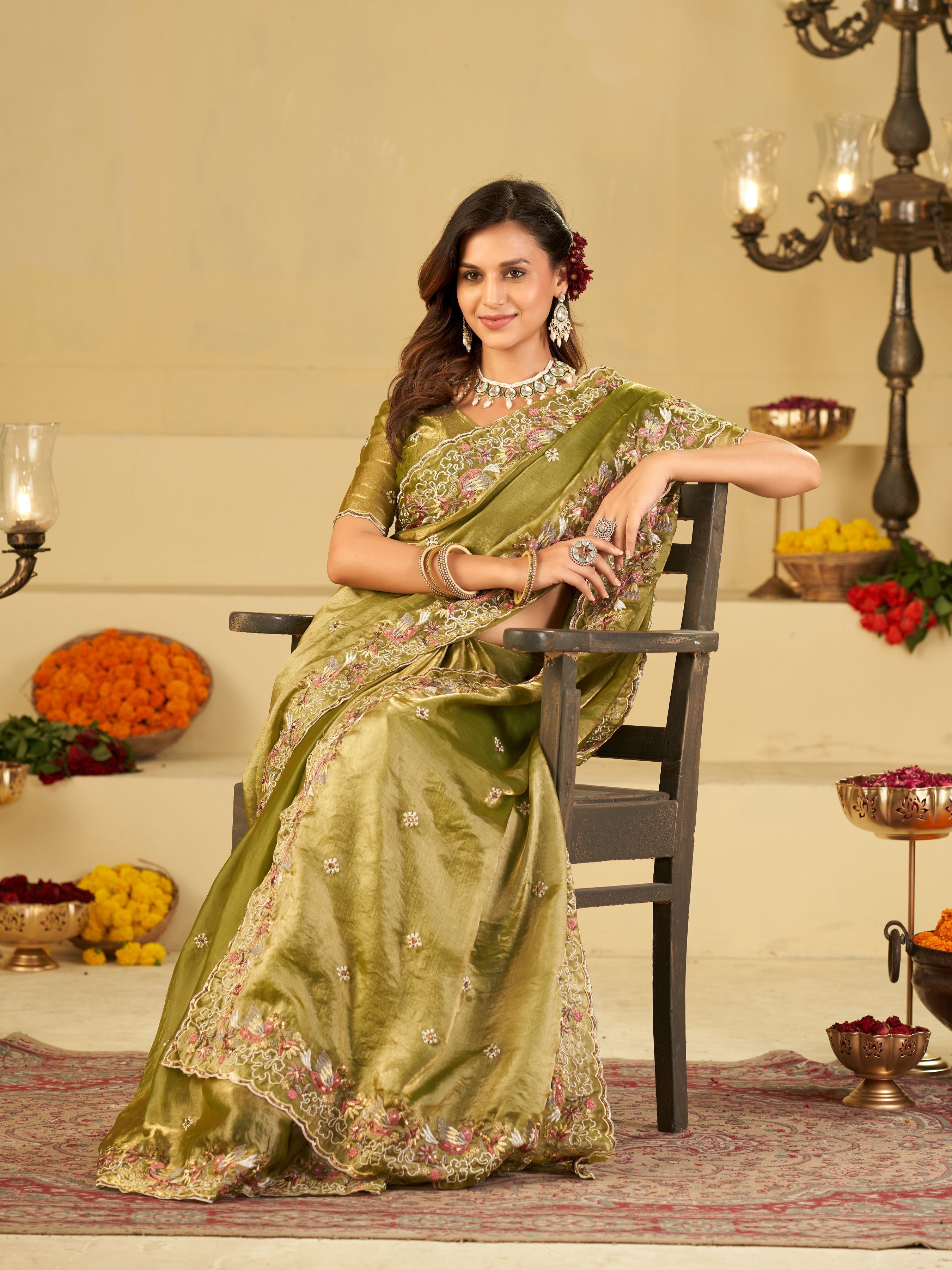 Olive Green Fendy Satin Saree with Multicolor Floral Embroidery Border | Designer Festive Party Wear Saree with Blouse