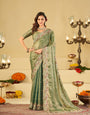 Sage Green Fendy Satin Saree with Multicolor Floral Embroidery Border | Elegant Designer Party Wear Saree with Blouse