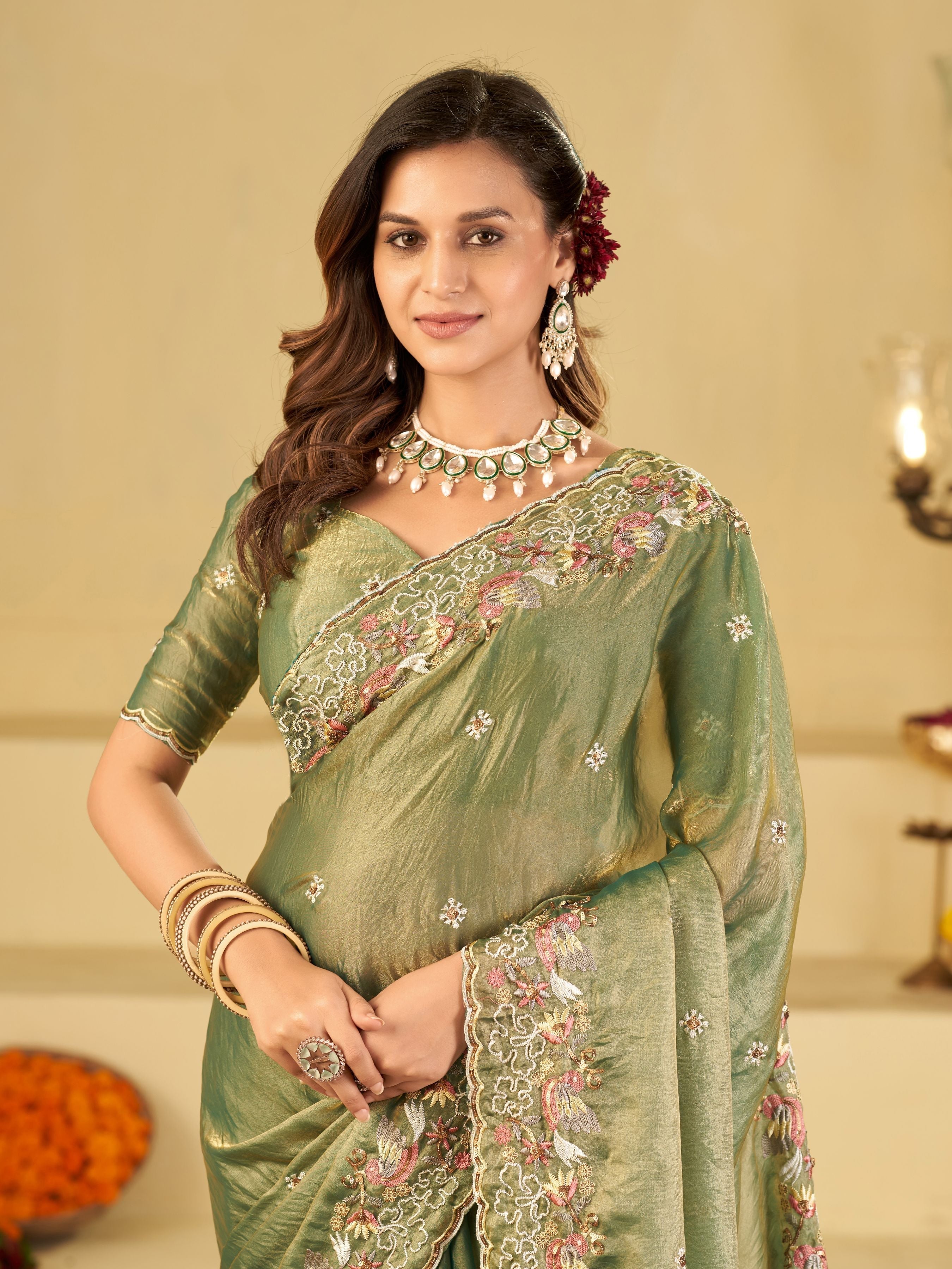 Sage Green Fendy Satin Saree with Multicolor Floral Embroidery Border | Elegant Designer Party Wear Saree with Blouse