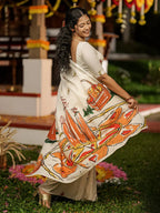 Onam Special Off White Mul Cotton Saree with Kerala Festive Illustration Print & Running Blouse