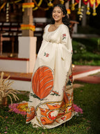 Onam Special Off White Mul Cotton Saree with Kerala Festive Illustration Print & Running Blouse