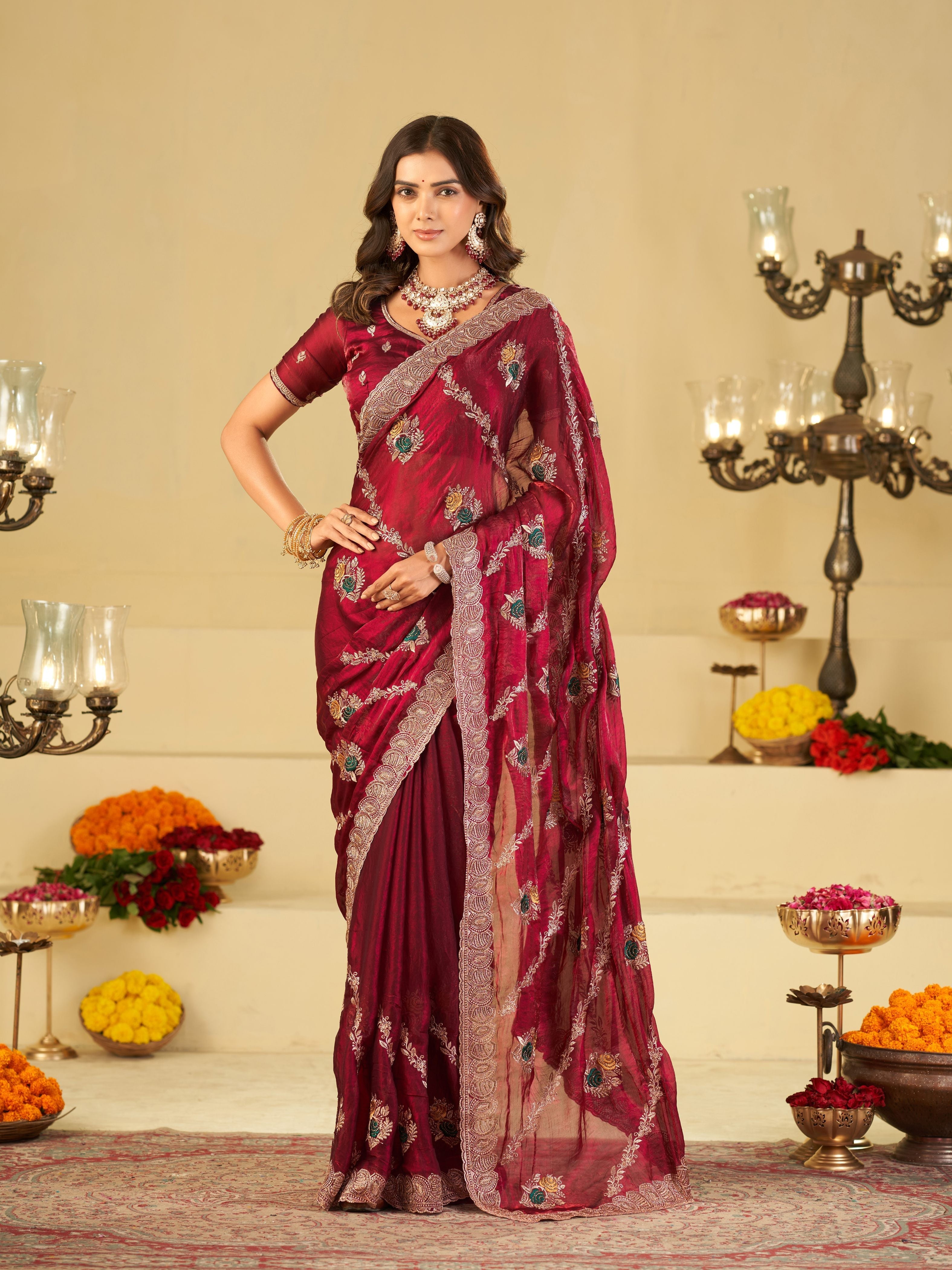 Wine Maroon Designer Fendy Satin Saree with Floral Embroidery Work | Premium Festive & Wedding Wear Embroidered Saree with Blouse