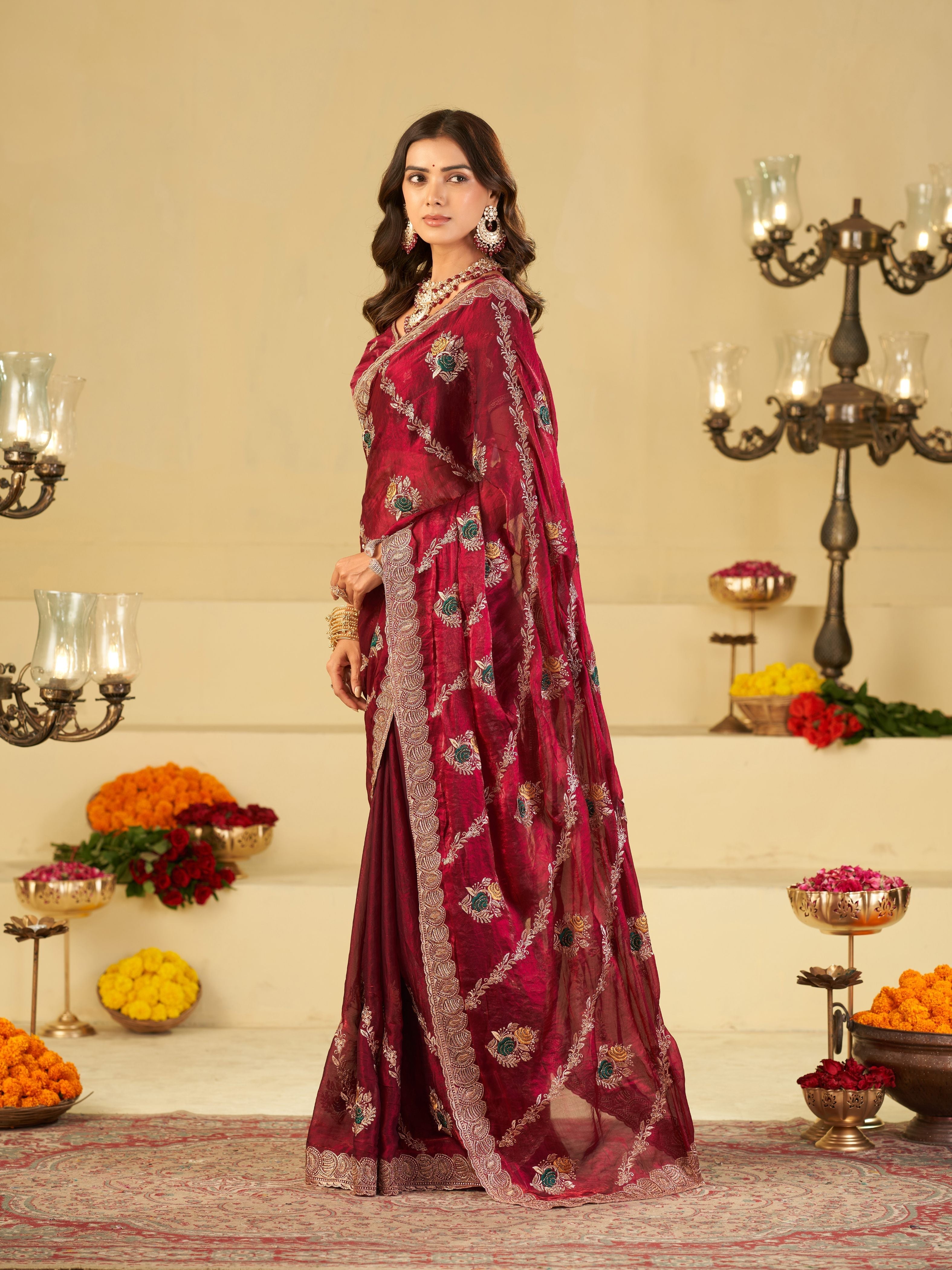 Wine Maroon Designer Fendy Satin Saree with Floral Embroidery Work | Premium Festive & Wedding Wear Embroidered Saree with Blouse