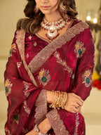 Wine Maroon Designer Fendy Satin Saree with Floral Embroidery Work | Premium Festive & Wedding Wear Embroidered Saree with Blouse