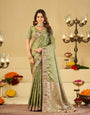 Pastel Olive Green Banarasi Silk Saree with Floral Embroidered Border & Rich Zari Woven Pallu | Designer Wedding Festive Saree