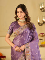 Lavender Purple Banarasi Silk Saree with Floral Embroidered Border & Rich Zari Woven Pallu | Designer Wedding Festive Saree