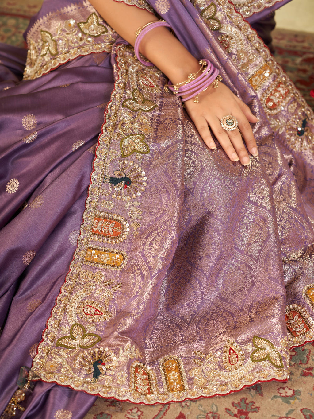 Lavender Purple Banarasi Silk Saree with Floral Embroidered Border & Rich Zari Woven Pallu | Designer Wedding Festive Saree