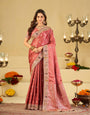 Rose Pink Banarasi Silk Saree with Floral Embroidered Border & Rich Zari Woven Pallu | Designer Wedding Festive Saree
