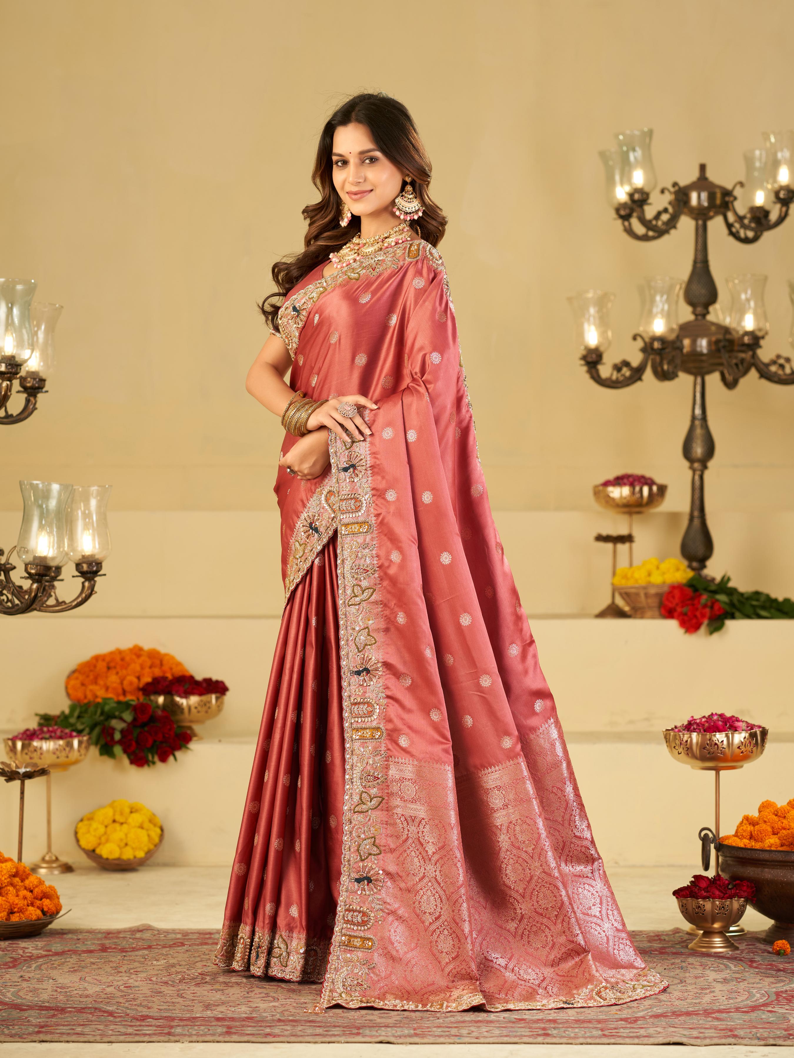Rose Pink Banarasi Silk Saree with Floral Embroidered Border & Rich Zari Woven Pallu | Designer Wedding Festive Saree