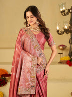 Rose Pink Banarasi Silk Saree with Floral Embroidered Border & Rich Zari Woven Pallu | Designer Wedding Festive Saree