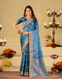 Elegant Steel Blue Banarasi Silk Saree with Floral Embroidered Border & Rich Zari Woven Pallu | Designer Wedding Festive Saree