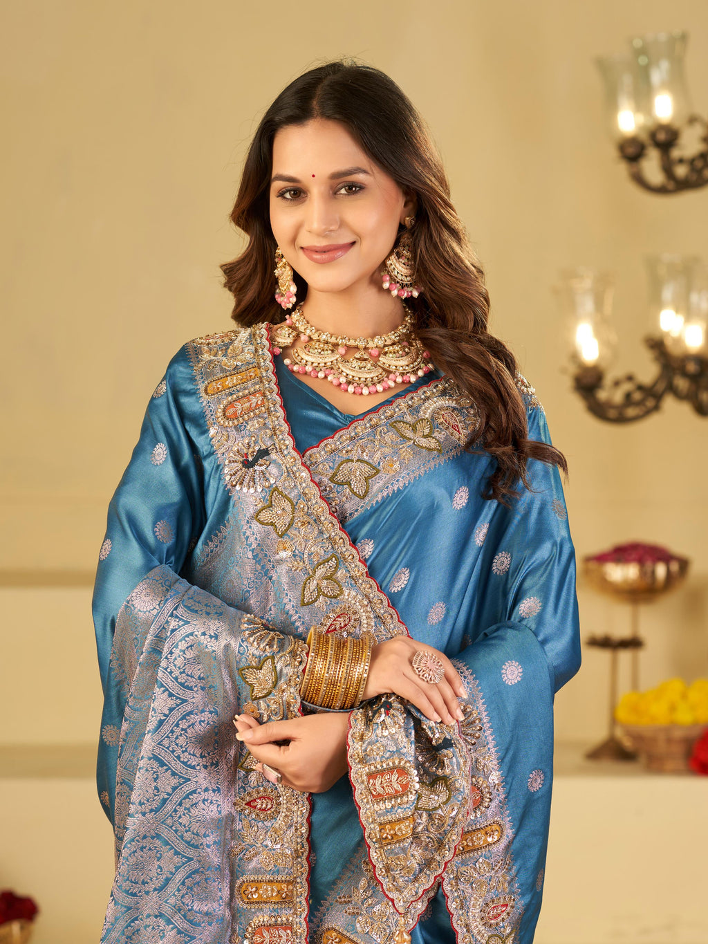 Elegant Steel Blue Banarasi Silk Saree with Floral Embroidered Border & Rich Zari Woven Pallu | Designer Wedding Festive Saree