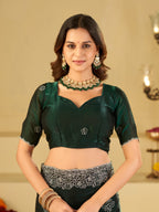 Bottle Green Fendy Satin Saree with White Floral Embroidery Border | Designer Party Wear Saree with Embroidered Blouse