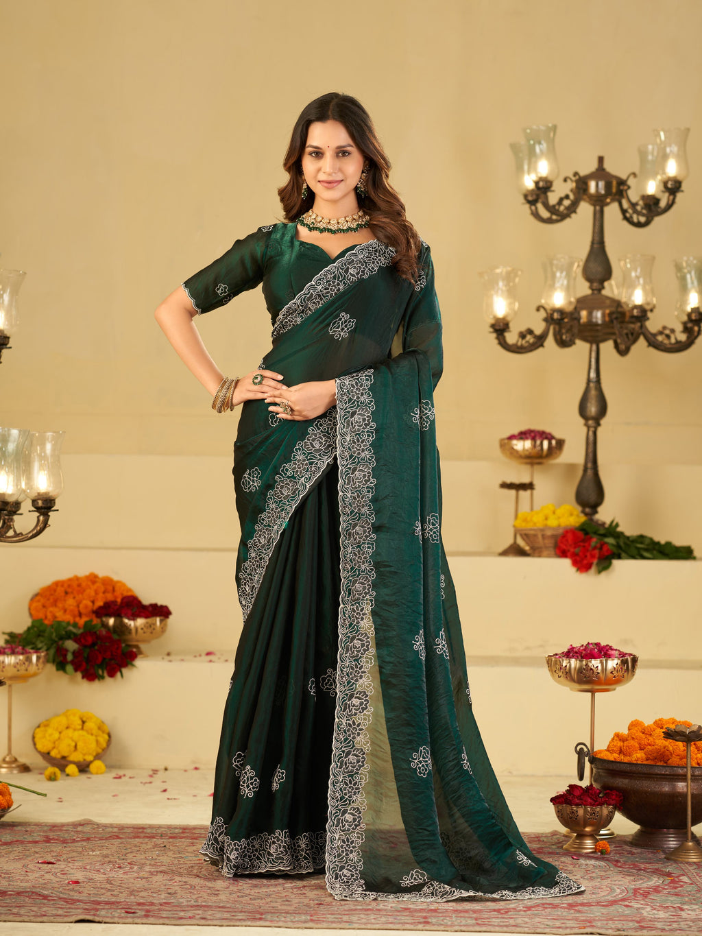 Bottle Green Fendy Satin Saree with White Floral Embroidery Border | Designer Party Wear Saree with Embroidered Blouse