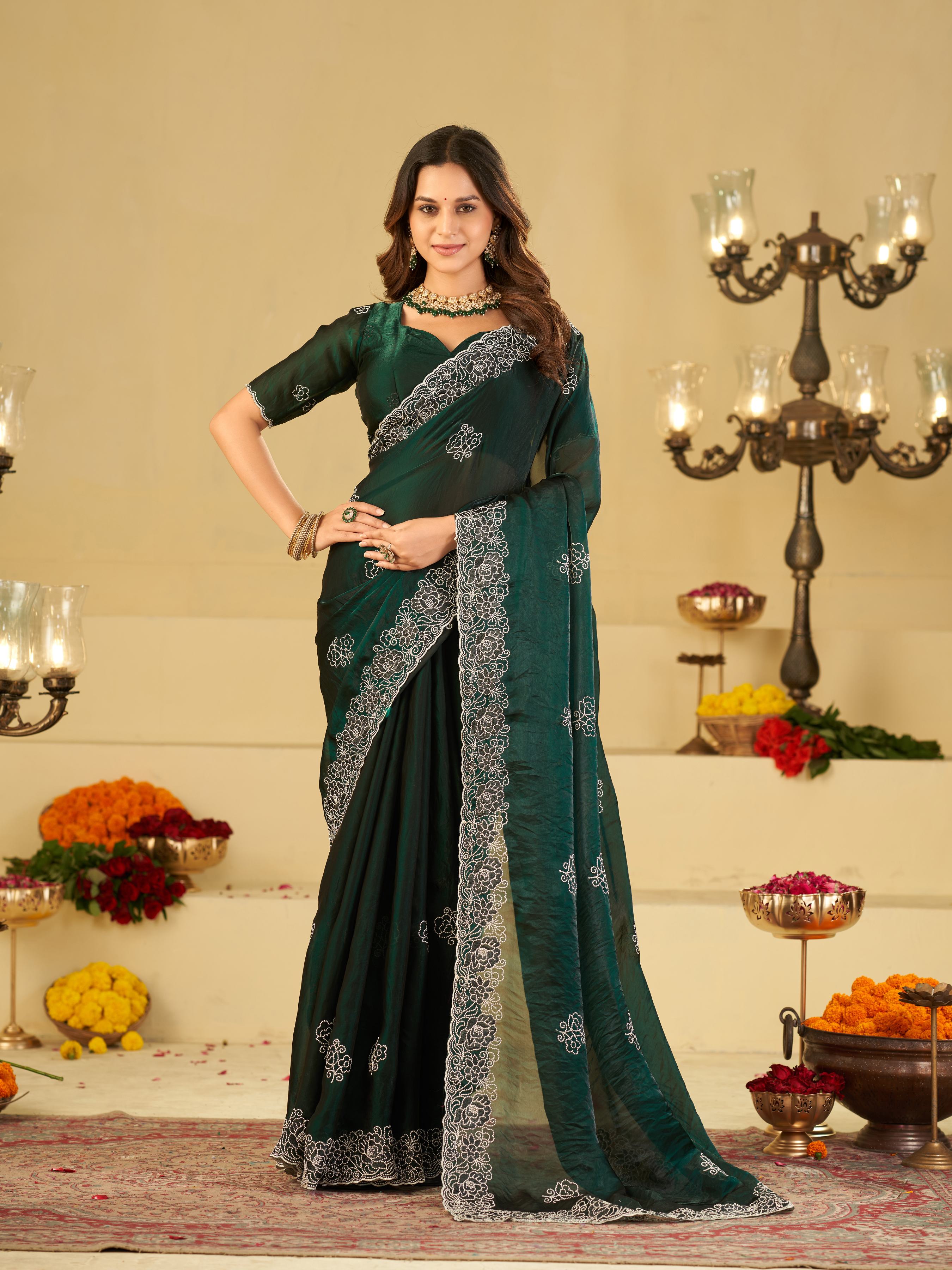 Bottle Green Fendy Satin Saree with White Floral Embroidery Border | Designer Party Wear Saree with Embroidered Blouse
