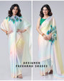Pastel Rainbow Freehand Saree with Peacock Feather Print in Georgette Satin – Ready to Wear Designer Drape