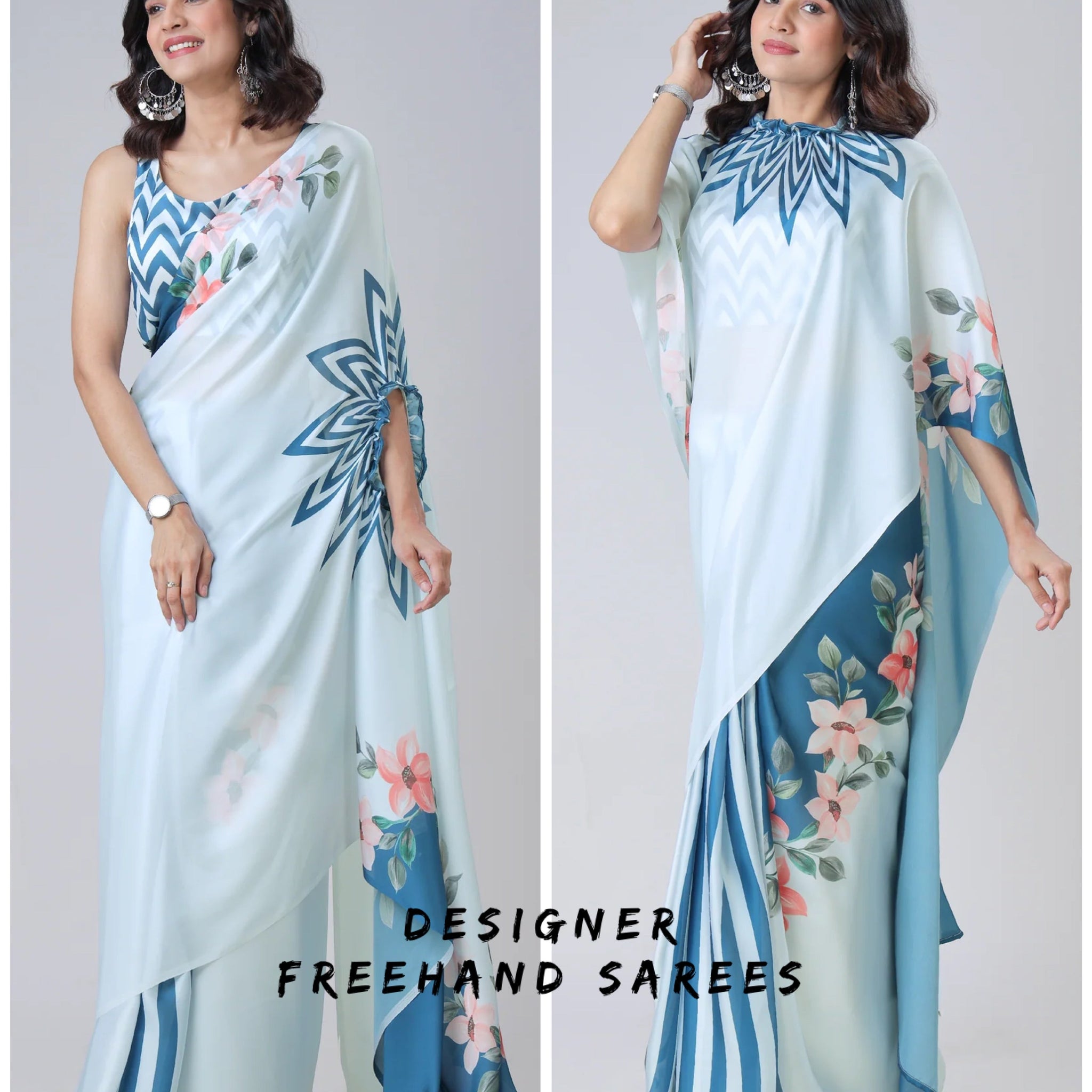 Icy Blue Designer Freehand Saree with Navy Starburst & Floral Print in Georgette Satin – Ready to Wear