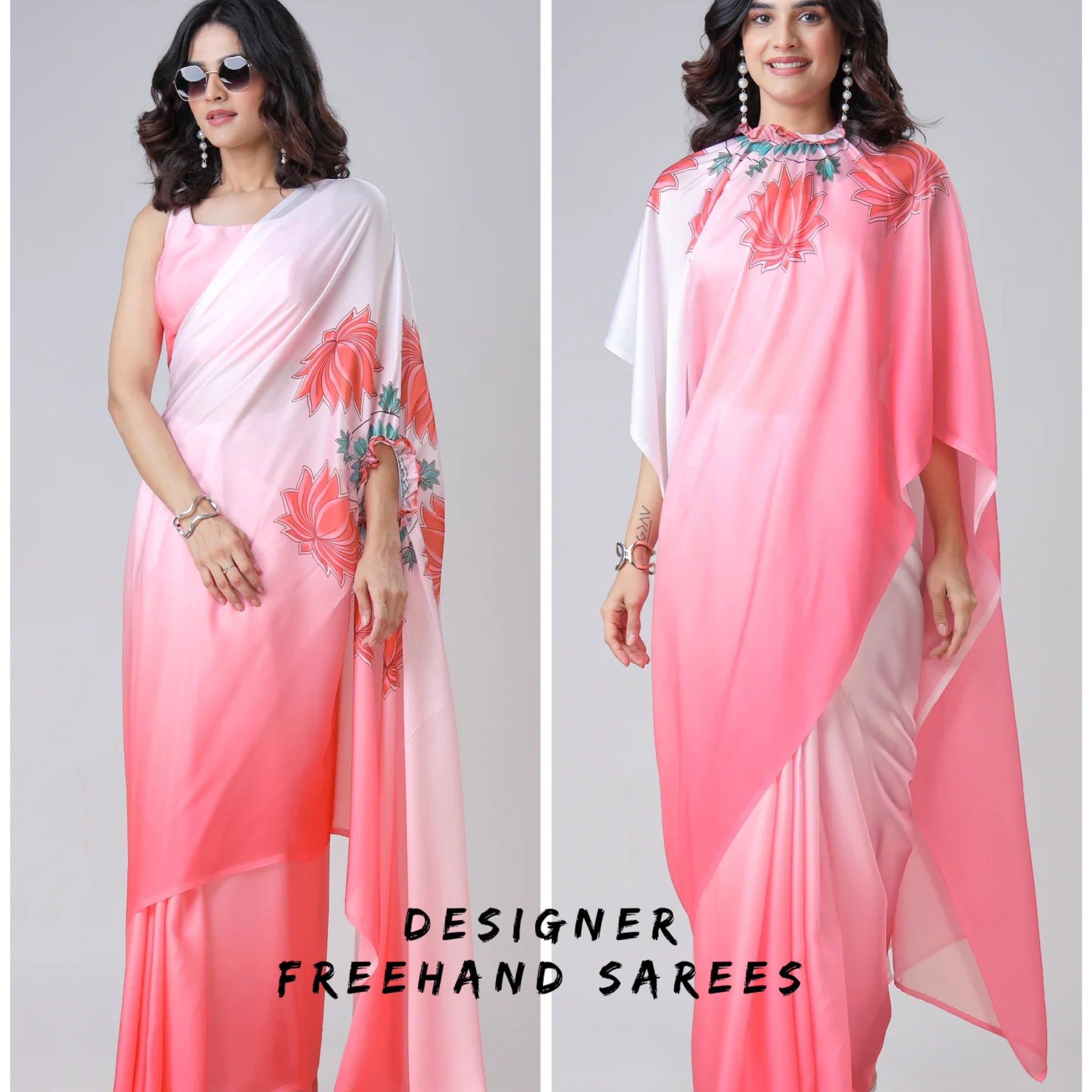 Blush Pink Ombre Freehand Floral Print Saree in Georgette Satin – Ready to Wear Designer Elegance