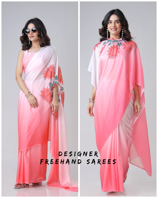 Blush Pink Ombre Freehand Floral Print Saree in Georgette Satin – Ready to Wear Designer Elegance