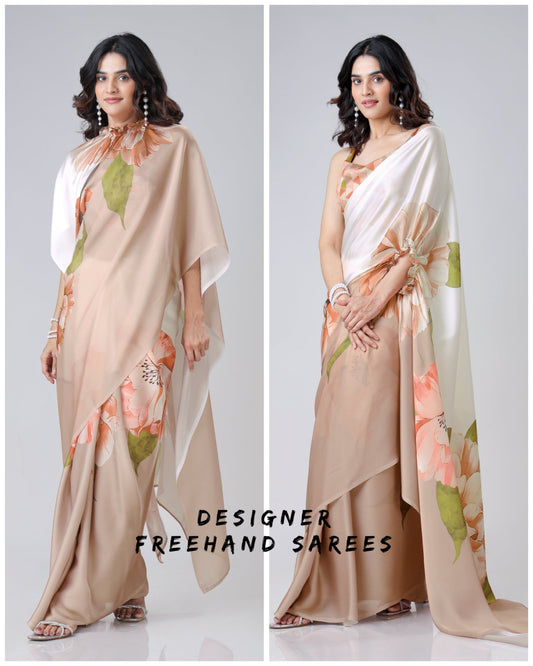 Mocha Beige & Ivory Floral Freehand Saree – Effortless Elegance with Handsfree Drape