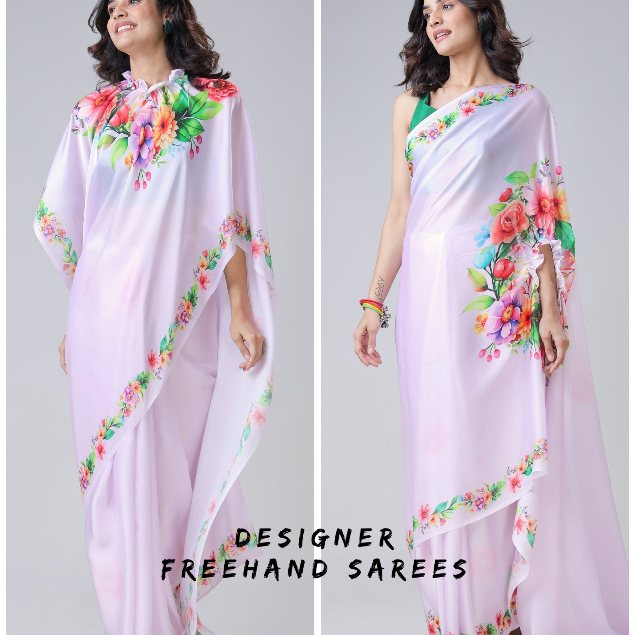 Lavender Bloom Floral Freehand Saree – Handsfree Elegance in Pastel Perfection
