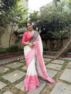 Elegant White and Pink Pure Linen Digital Printed Saree with Black Border, Tassels, and Blouse Piece – Intricate Floral and Geometric Design