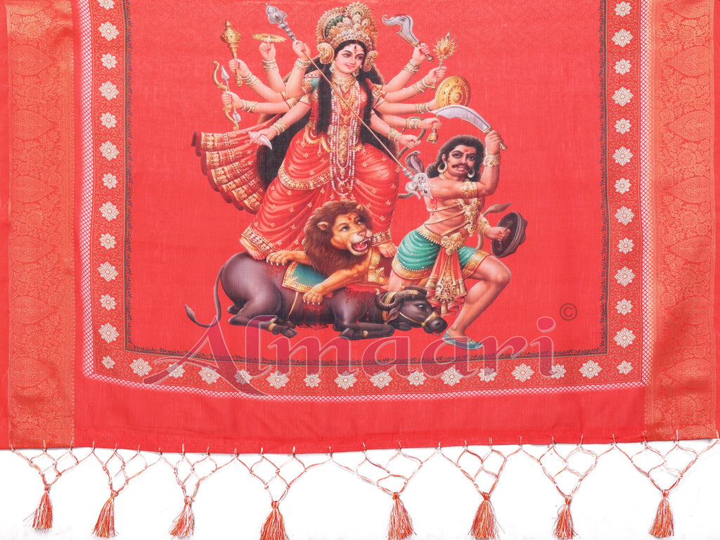 Red & White Handloom Linen Saree with Durga Devi Digital Print & Zari Border | Festive Tassel Pallu | Special Durga Puja Collection
