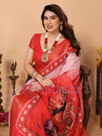 Red & White Handloom Linen Saree with Durga Devi Digital Print & Zari Border | Festive Tassel Pallu | Special Durga Puja Collection