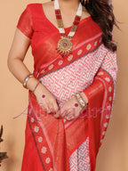 Red & White Handloom Linen Saree with Durga Devi Digital Print & Zari Border | Festive Tassel Pallu | Special Durga Puja Collection