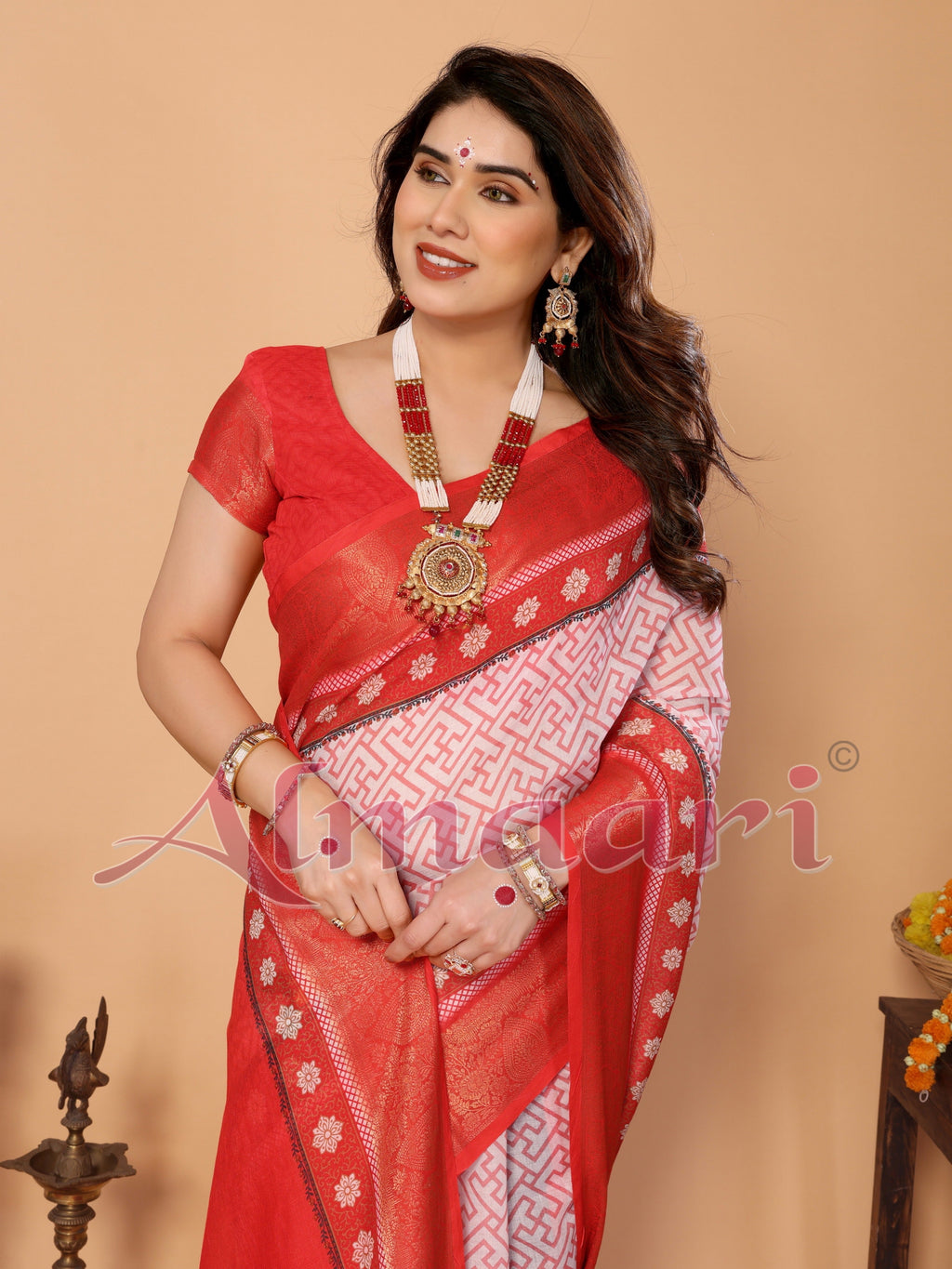 Red & White Handloom Linen Saree with Durga Devi Digital Print & Zari Border | Festive Tassel Pallu | Special Durga Puja Collection
