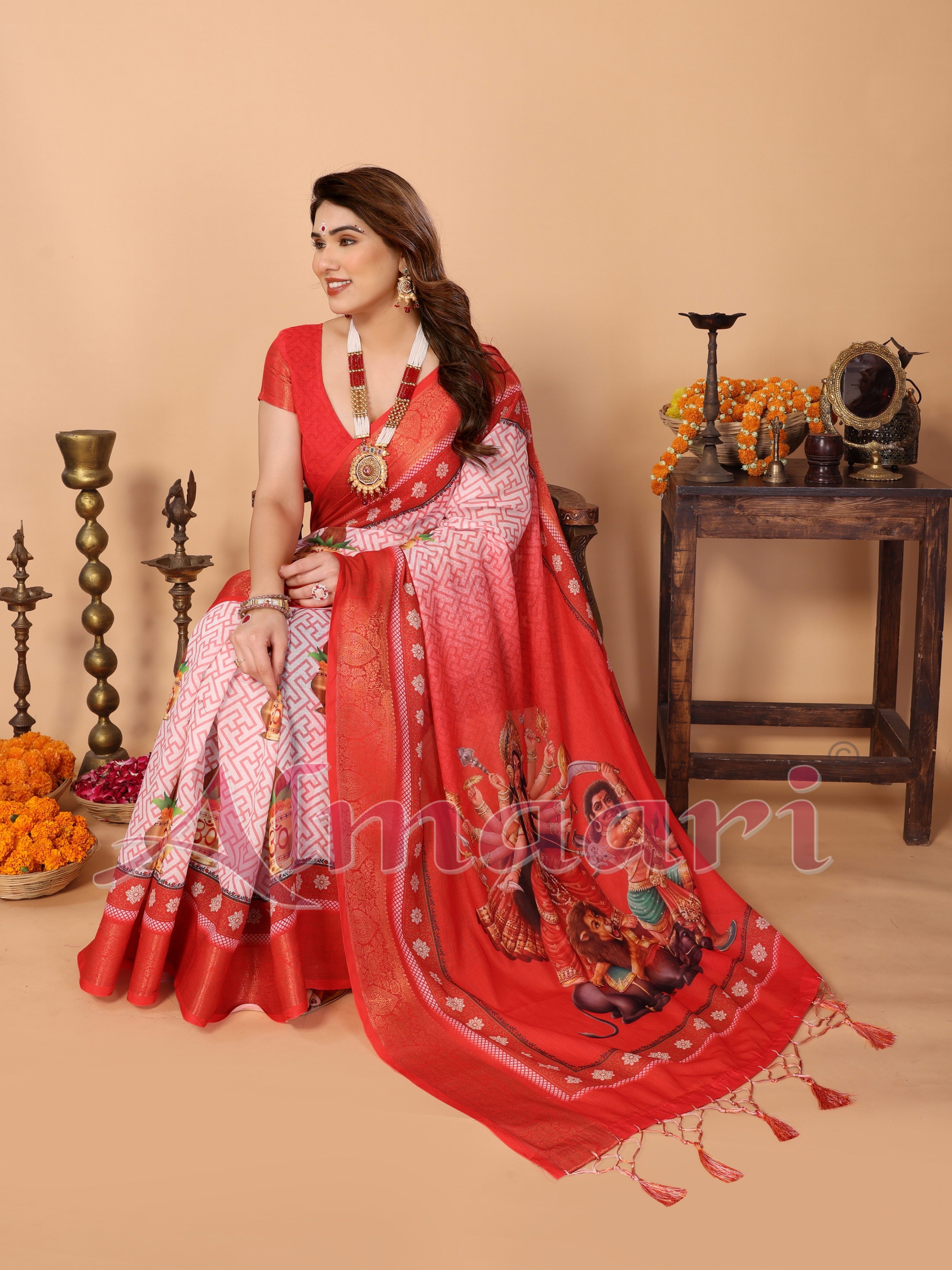 Red & White Handloom Linen Saree with Durga Devi Digital Print & Zari Border | Festive Tassel Pallu | Special Durga Puja Collection