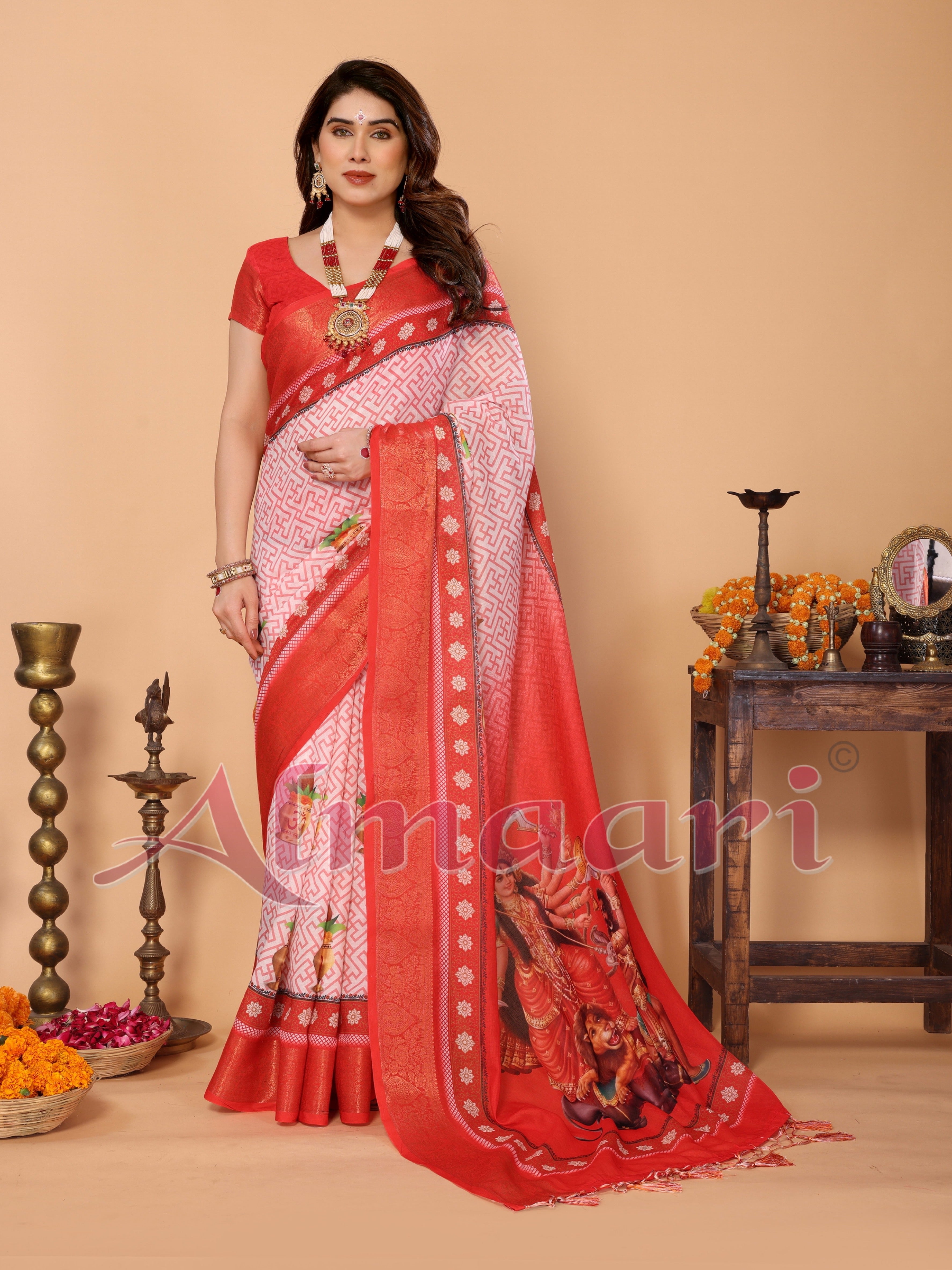 Red & White Handloom Linen Saree with Durga Devi Digital Print & Zari Border | Festive Tassel Pallu | Special Durga Puja Collection