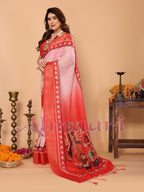 Red & White Handloom Linen Saree with Durga Devi Digital Print & Zari Border | Festive Tassel Pallu | Special Durga Puja Collection