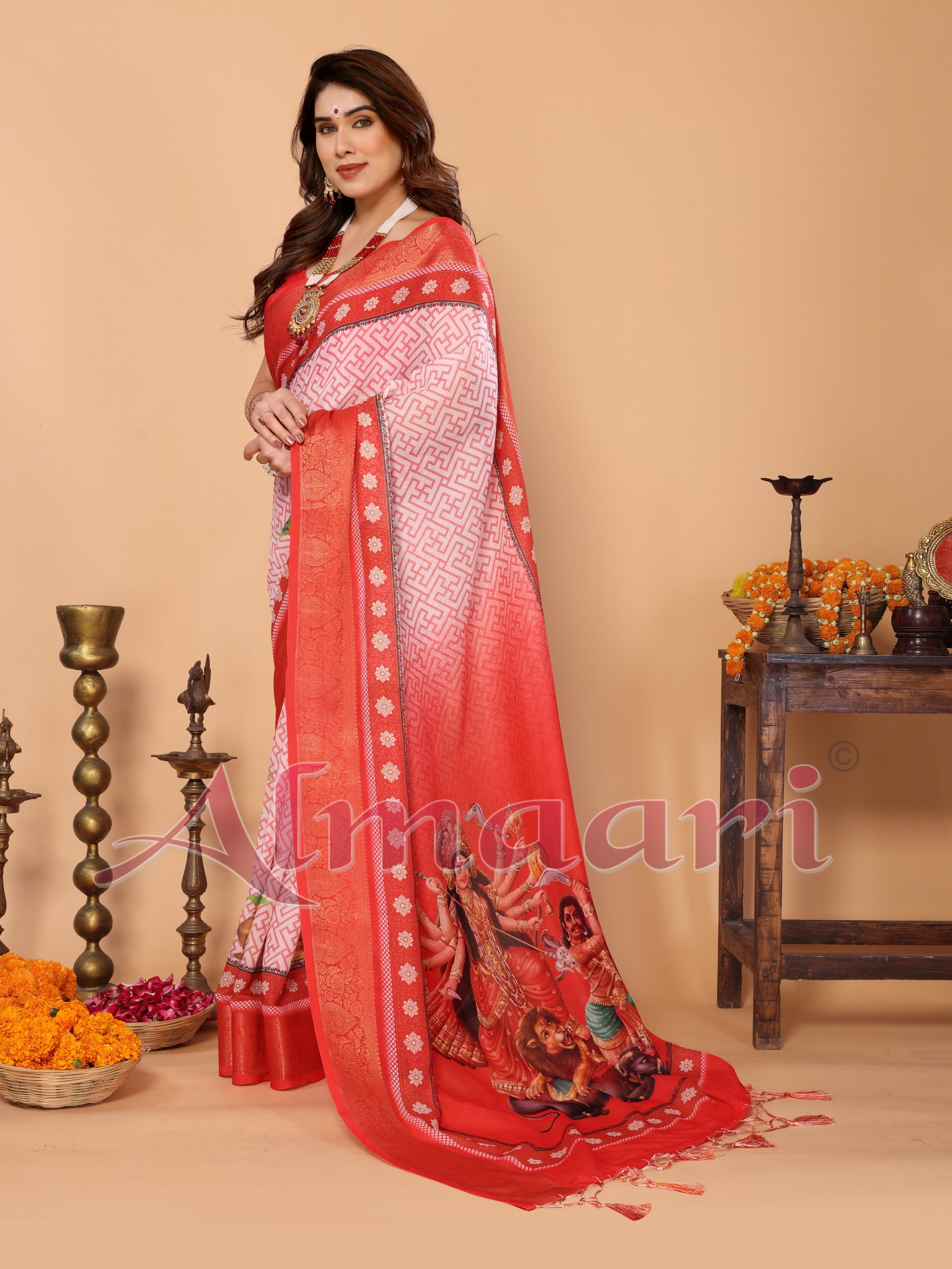 Red & White Handloom Linen Saree with Durga Devi Digital Print & Zari Border | Festive Tassel Pallu | Special Durga Puja Collection