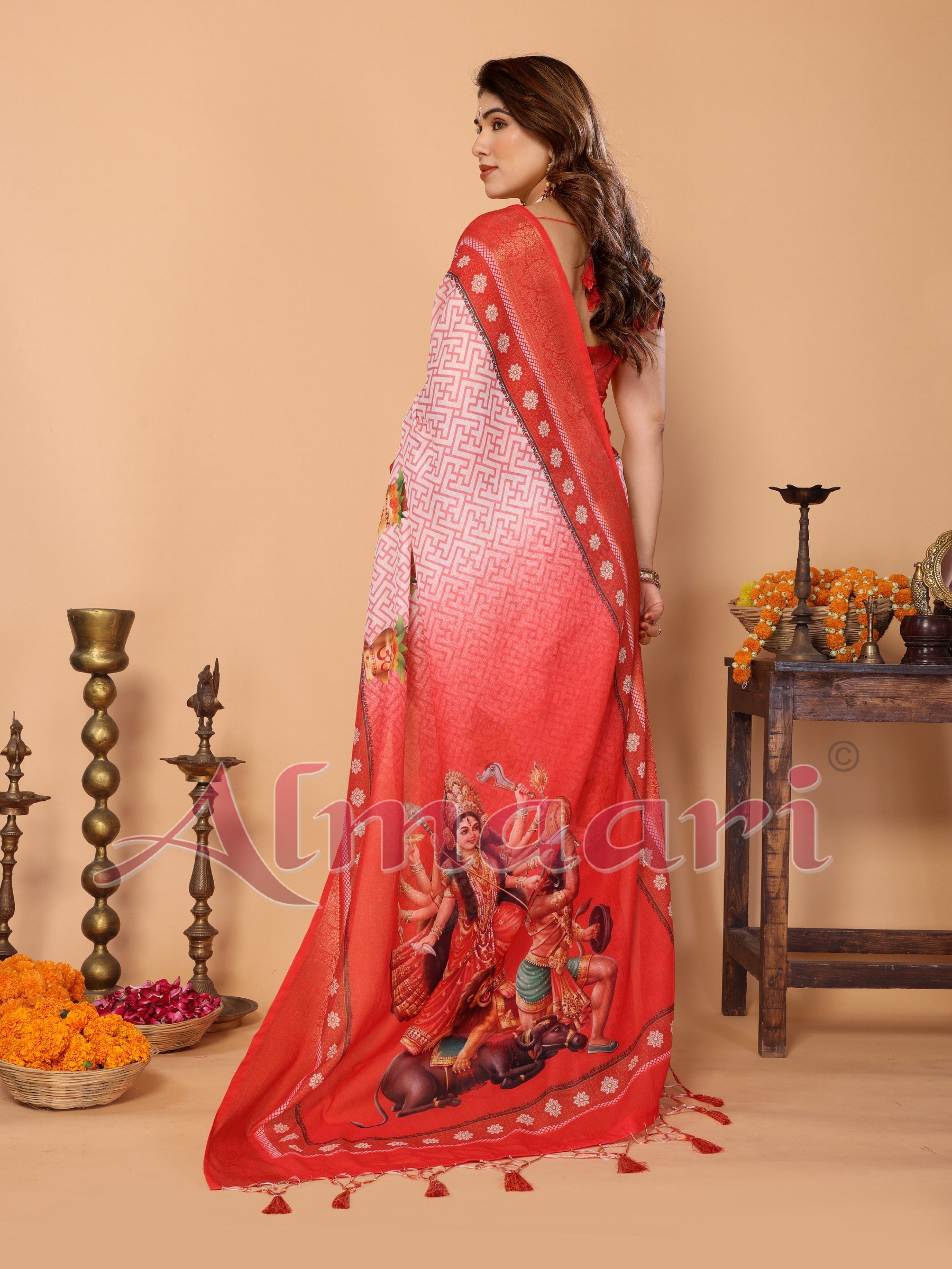 Red & White Handloom Linen Saree with Durga Devi Digital Print & Zari Border | Festive Tassel Pallu | Special Durga Puja Collection