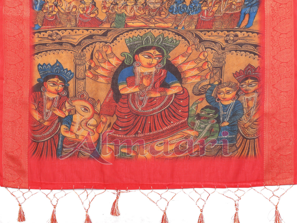 White & Red Handloom Linen Saree with Durga Panchami Art Pallu & Temple Festive Motifs | Zari Border & Tassel Finish