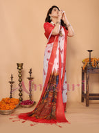White & Red Handloom Linen Saree with Durga Panchami Art Pallu & Temple Festive Motifs | Zari Border & Tassel Finish
