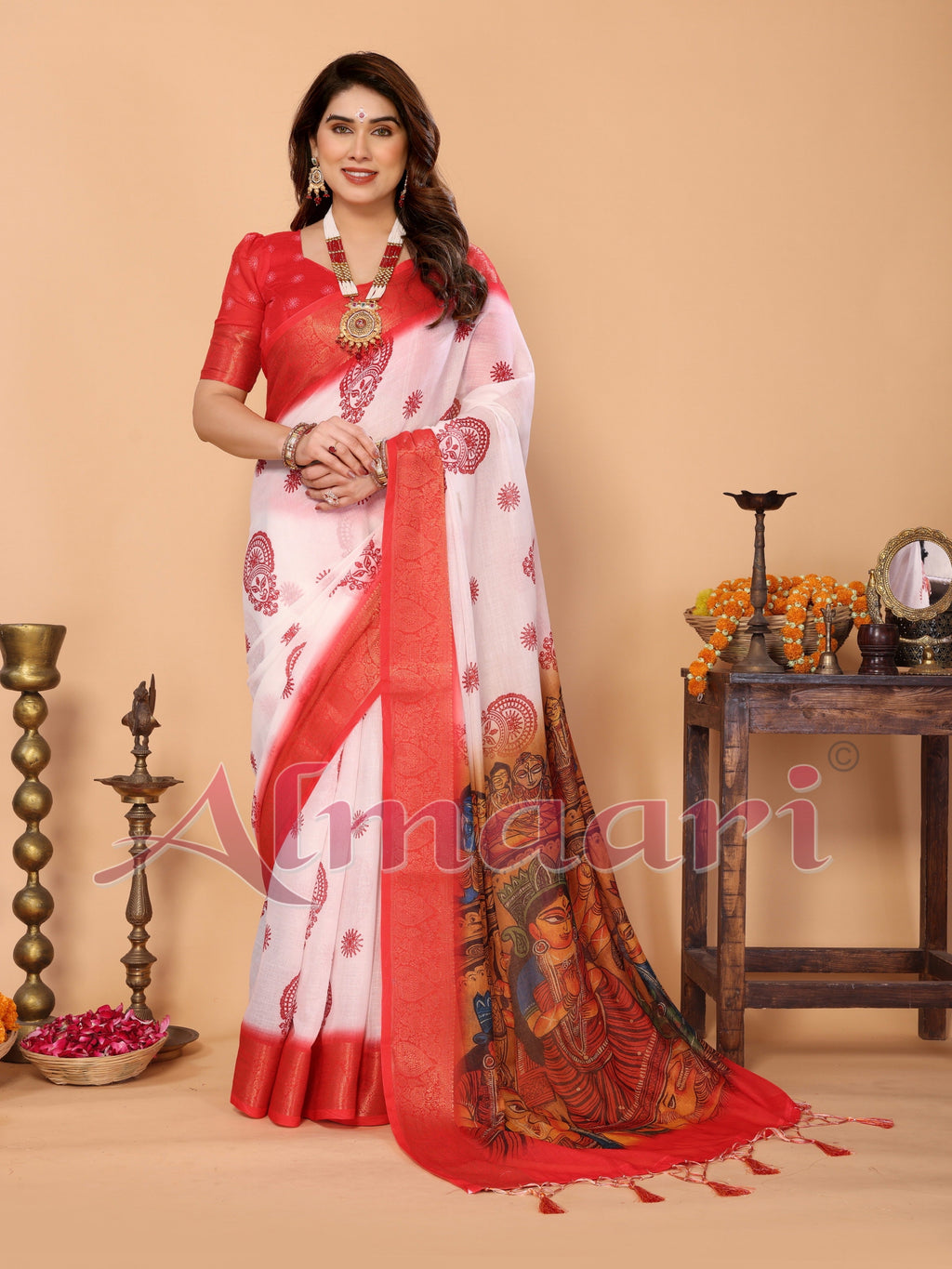 White & Red Handloom Linen Saree with Durga Panchami Art Pallu & Temple Festive Motifs | Zari Border & Tassel Finish