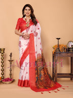 White & Red Handloom Linen Saree with Durga Panchami Art Pallu & Temple Festive Motifs | Zari Border & Tassel Finish