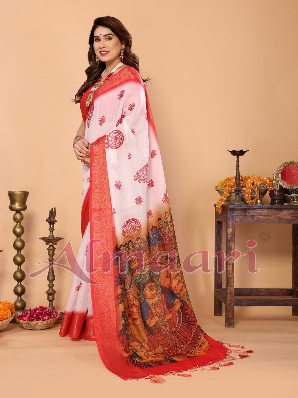 White & Red Handloom Linen Saree with Durga Panchami Art Pallu & Temple Festive Motifs | Zari Border & Tassel Finish