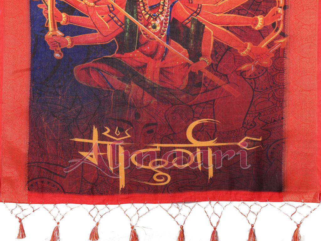 White & Crimson Red Handloom Linen Saree with Kali Maa Digital Artwork Pallu & Zari Border | Durga Puja Special Drape with Tassels