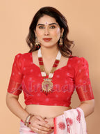 White & Red Handloom Linen Saree with Durga Panchami Art Pallu & Temple Festive Motifs | Zari Border & Tassel Finish