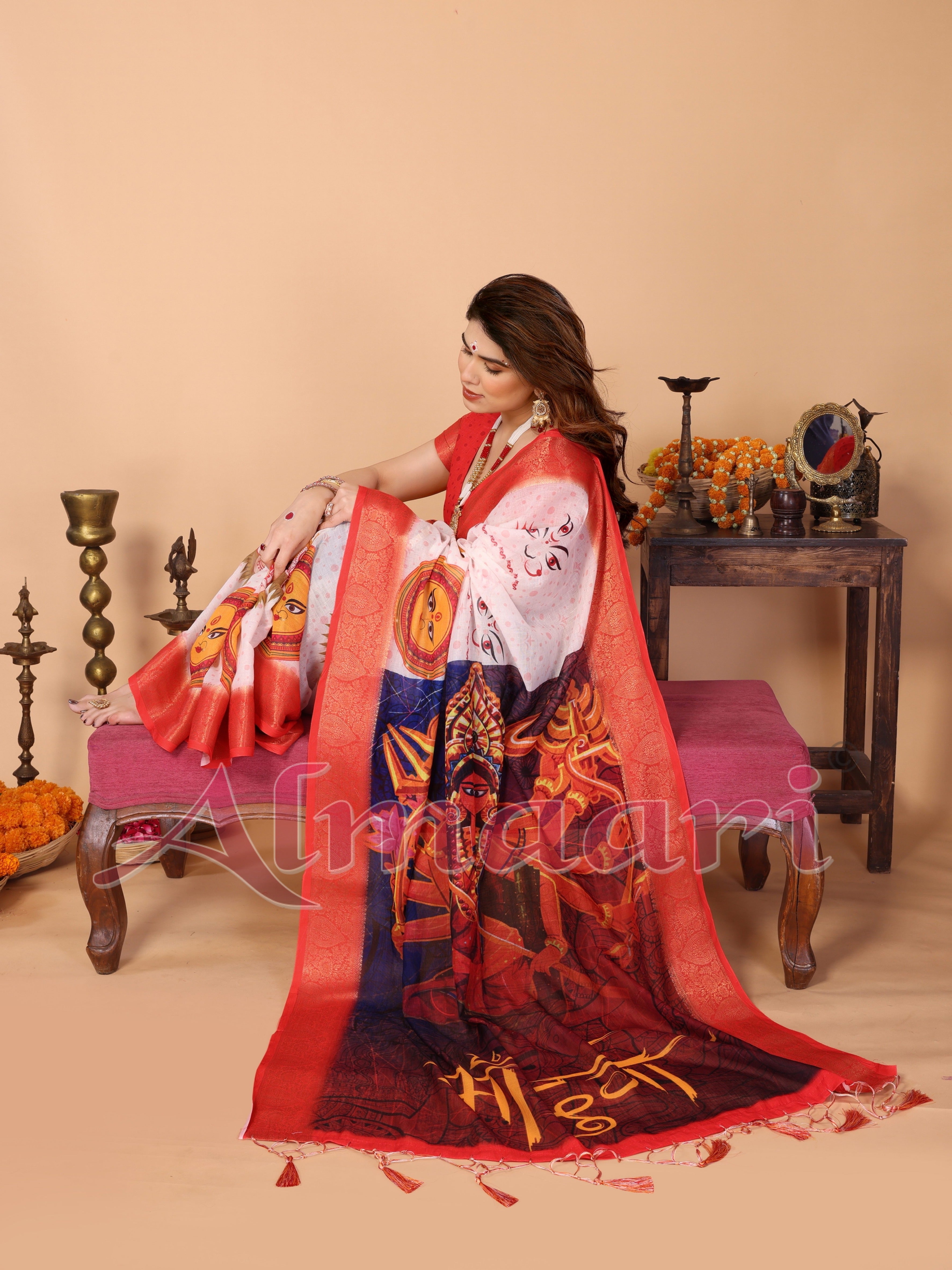 White & Crimson Red Handloom Linen Saree with Kali Maa Digital Artwork Pallu & Zari Border | Durga Puja Special Drape with Tassels